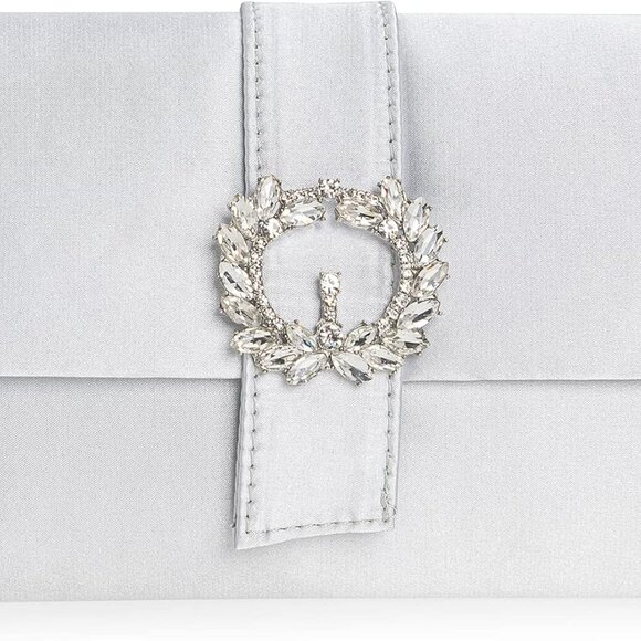 Accessories - Evening Satin Clutch Purse with Embellished Brooch for Women Party Handbag